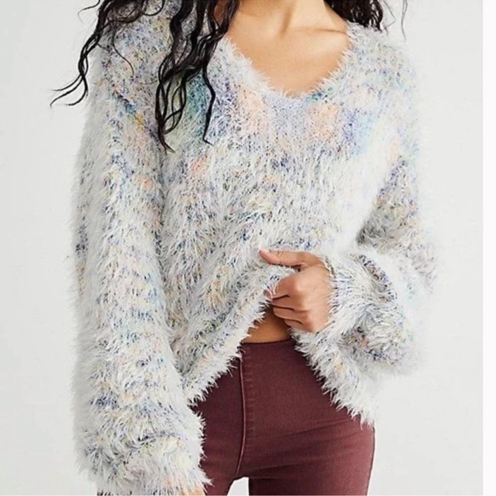 Free People Fluffy Pastel Multi-Color V-Neck Sweater